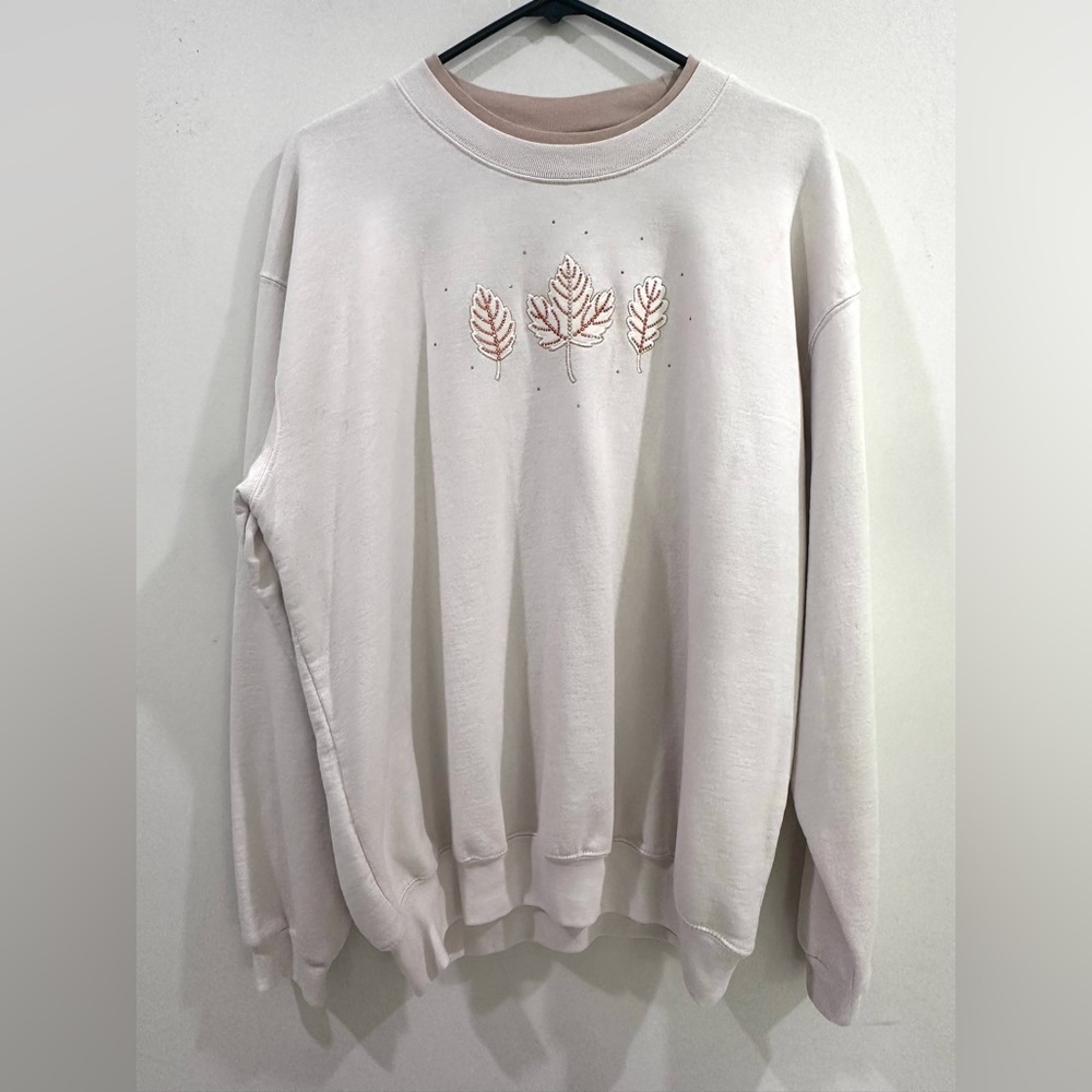 Country Store Womens XL Fall Leaves Sequins Sweater Sweatshirt Top Beige Brown